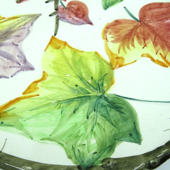 Leaf Plate Handpainted 11.5" Colorful Autumn Leaves Twig Border Made in Italy - Picture 4 of 9
